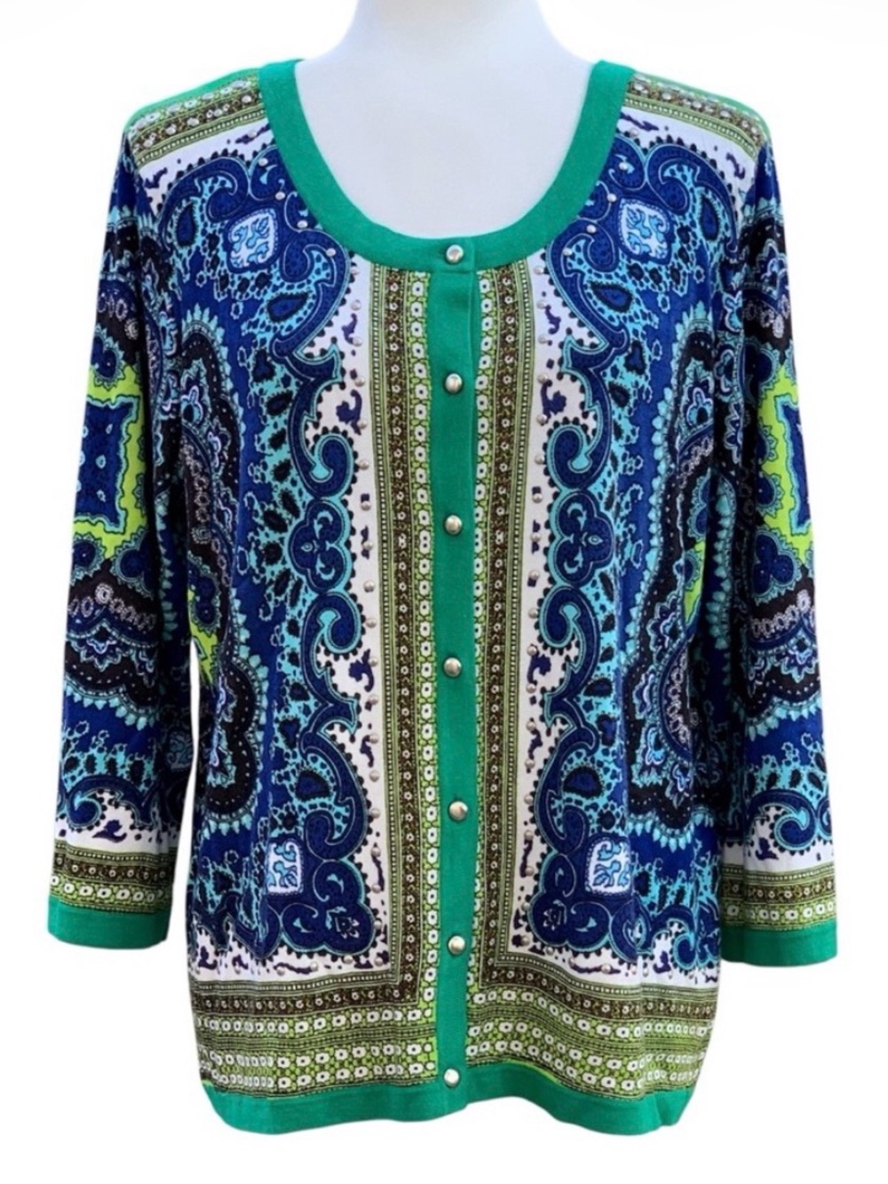 RED Blue & Green Paisley & Stud Detail Button-Up 3/4 Sleeve Cardigan Sweater, XL